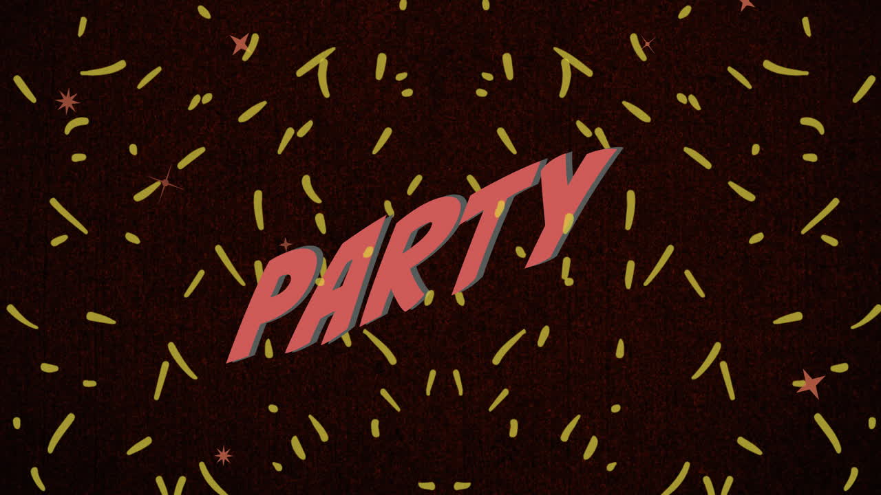 Animation of party text in red, with yellow confetti falling on black background