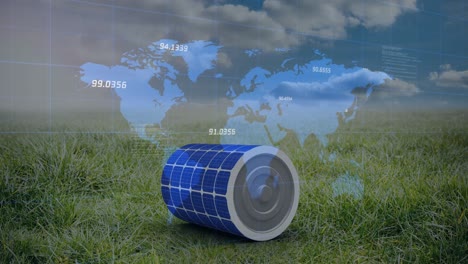 Multiple-changing-numbers-over-world-map-against-solar-cylinder-on-grass-against-blue-sky