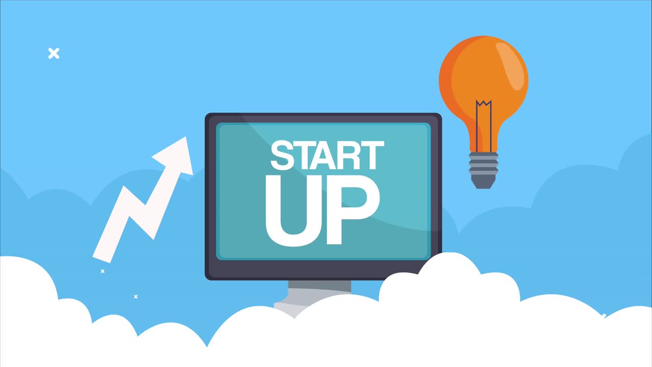 escritorio con animación infográfica de bombilla y flecha