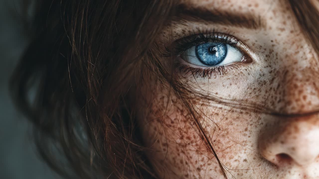 A Captivating Close-Up of an Eye Showcasing Striking Blue Color and Freckles, Highlighting the Natural Beauty and Intricate Details of Human Features