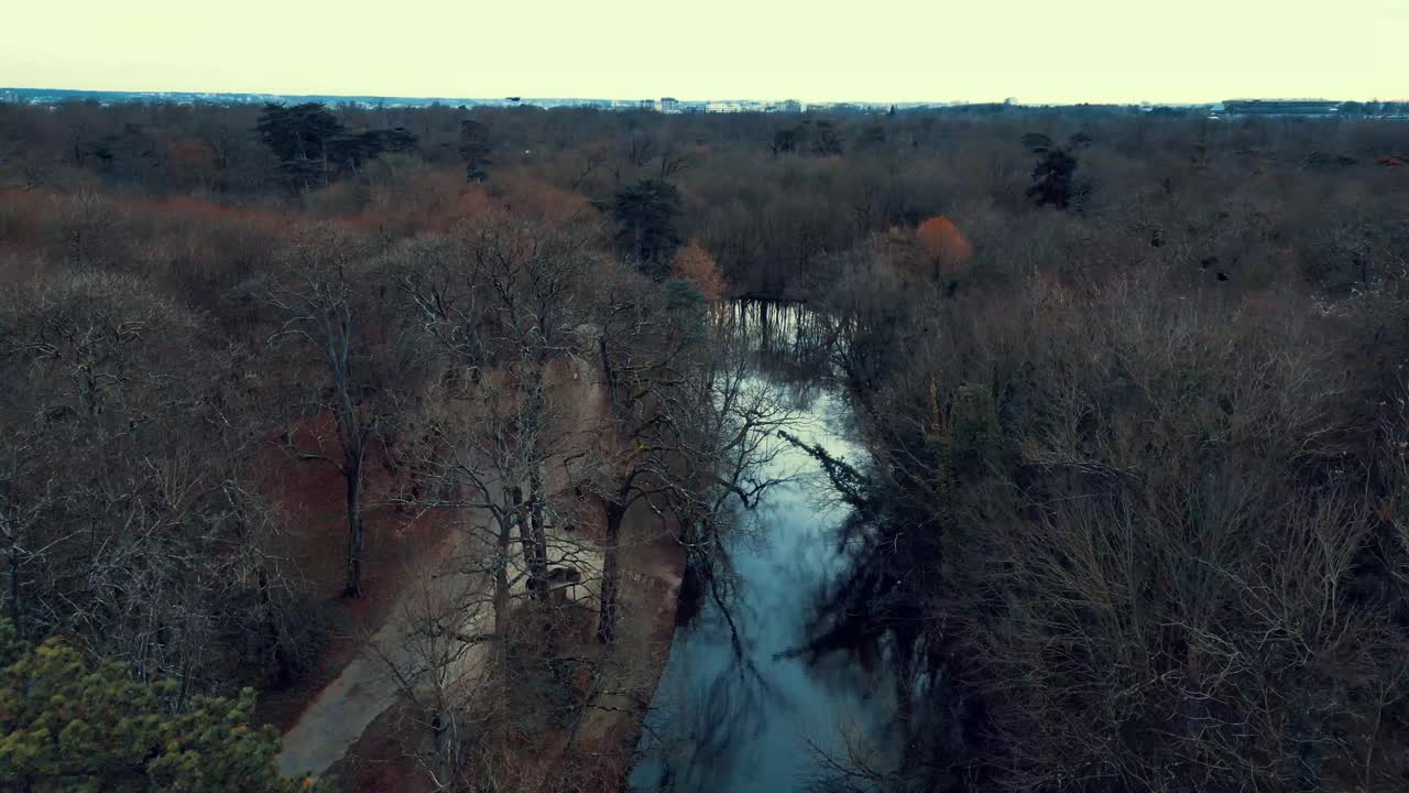 una toma de drone de este hermoso canal en medio del bosque en parís.