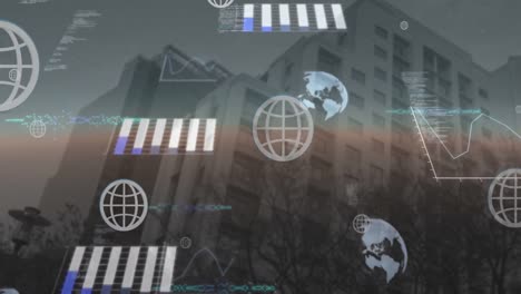 Animation-of-globes,-graphs-and-computer-language-against-low-angle-view-of-buildings-against-sky