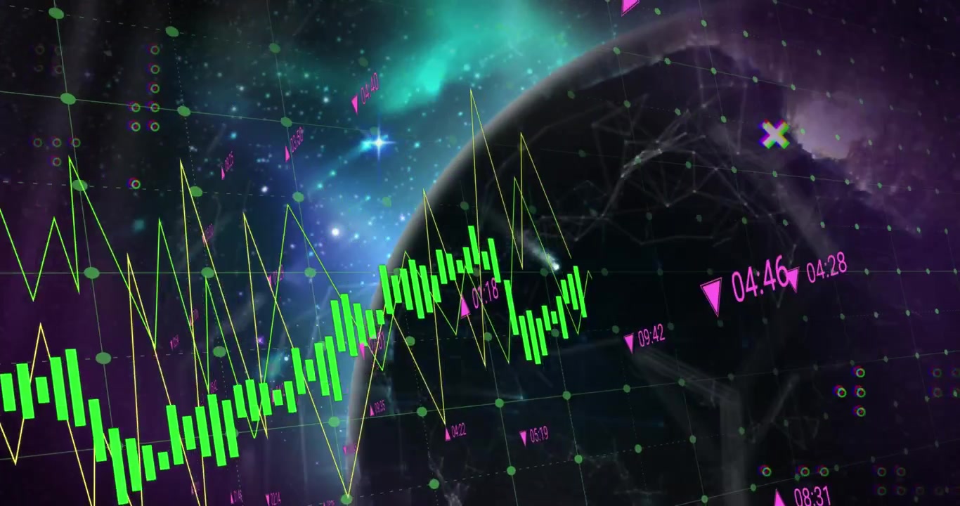 Animação de processamento de dados financeiros e estatísticas sobre o globo