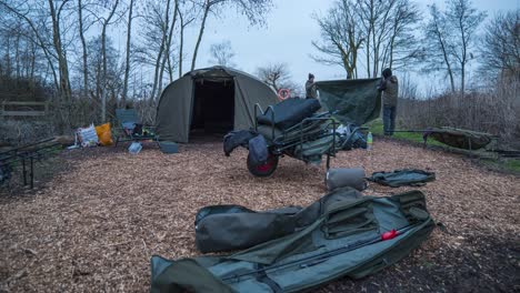 timelapse disassembly of the tent and all fishing equipment