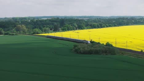 Die-Drohne-Erhebt-Sich-Und-Folgt-Der-Hochgeschwindigkeits-U-Bahn-Straßenbahn,-Die-Am-Gelben-Feld-Vorbei-In-Die-Stadt-Fährt