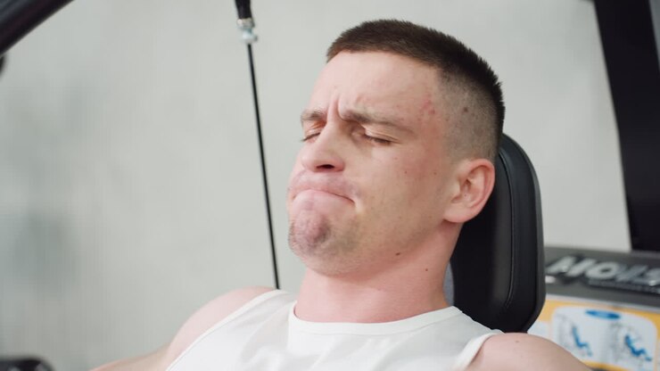 Close up sports man tightening face pulling handle of weight machine with strength moving up and down muscles straining effort intense workout focus veins visible sweat droplets on skin