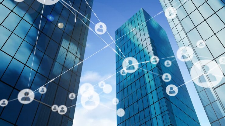 Animação de conexões de rede com ícones de pessoas e edifícios