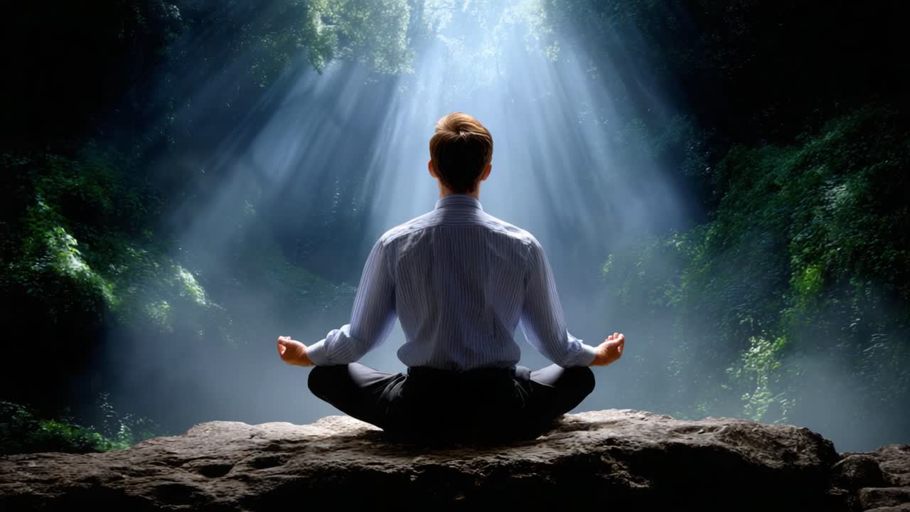 A Serene Moment of Meditation as Light Filters Through a Lush Forest Canopy, Illuminating the Calm Posture of Deep Reflection and Inner Peace