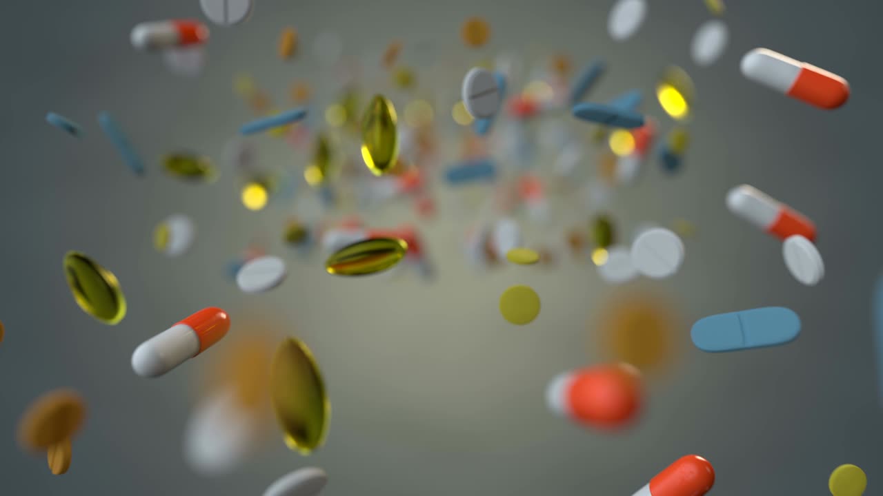 Assorted medicine drugs are hanging in the air 3D render seamless loop animation