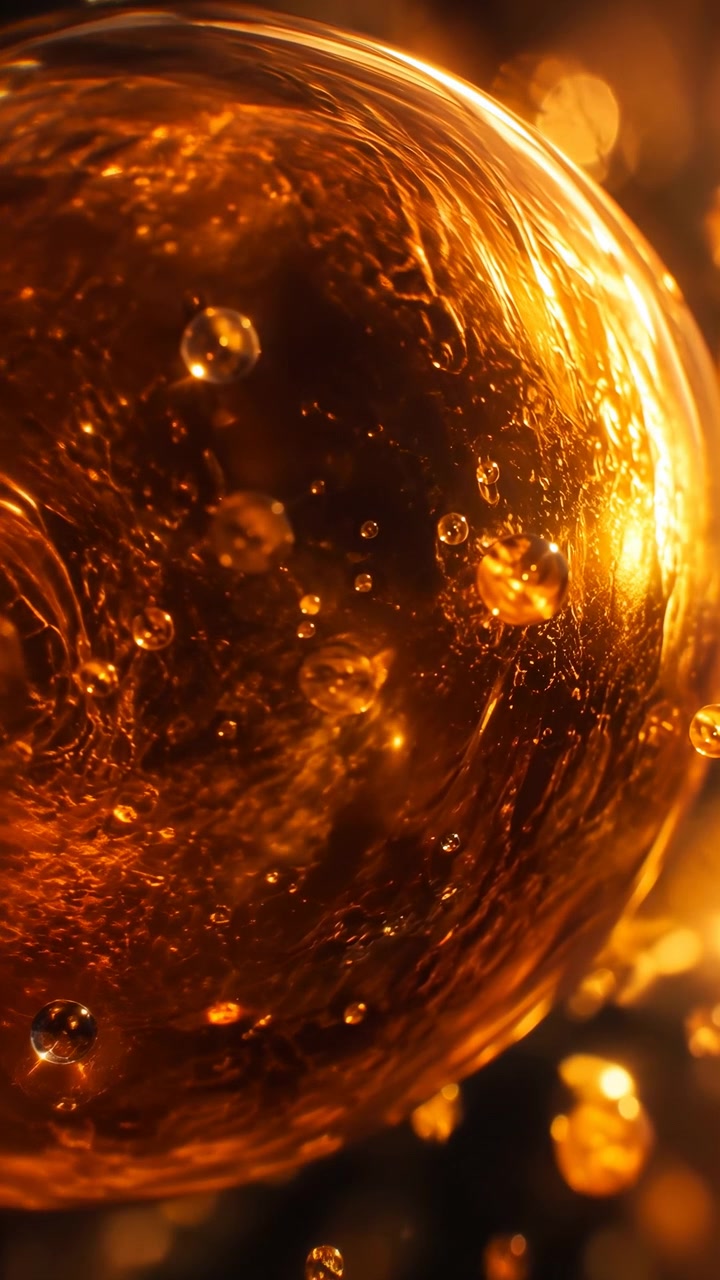 Large translucent orb moves slowly toward frame edge as scattered golden droplets shimmer nearby, with rippled surface detail, soft bokeh, deep shadows, and intense orange illumination.