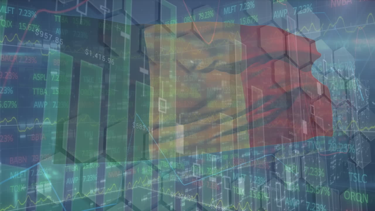 animación del mercado de valores y procesamiento de datos sobre la bandera de bélgica sobre fondo negro