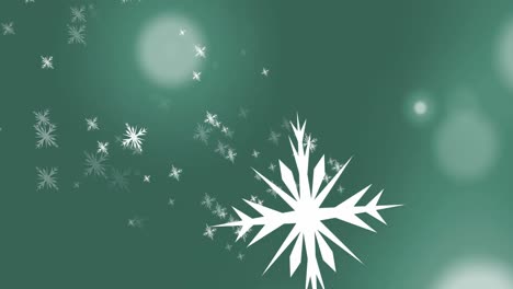 animación de múltiples iconos de copos de nieve que caen sobre puntos de luz contra un fondo verde