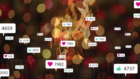 animation of social media icons and data processing over fire and lights