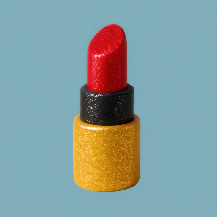 Red Lipstick With Gold Glitter Base on Blue Background