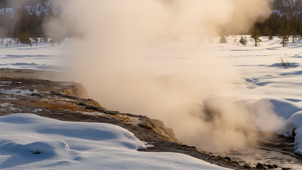 Steam Emanating from a Geyser in a Snowy Landscape During Winter, Surrounded by a Blanket of Snow and Scenic Pine Trees in the Background