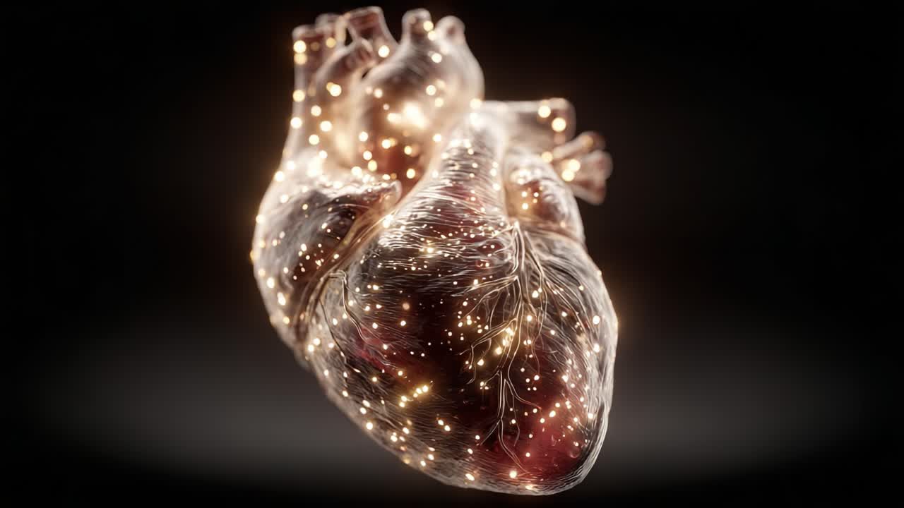 A Stunning Artistic Representation of a Human Heart Illuminated with Glowing Light Particles, Showcasing the Intricacies and Beauty of the Circulatory System in High Detail