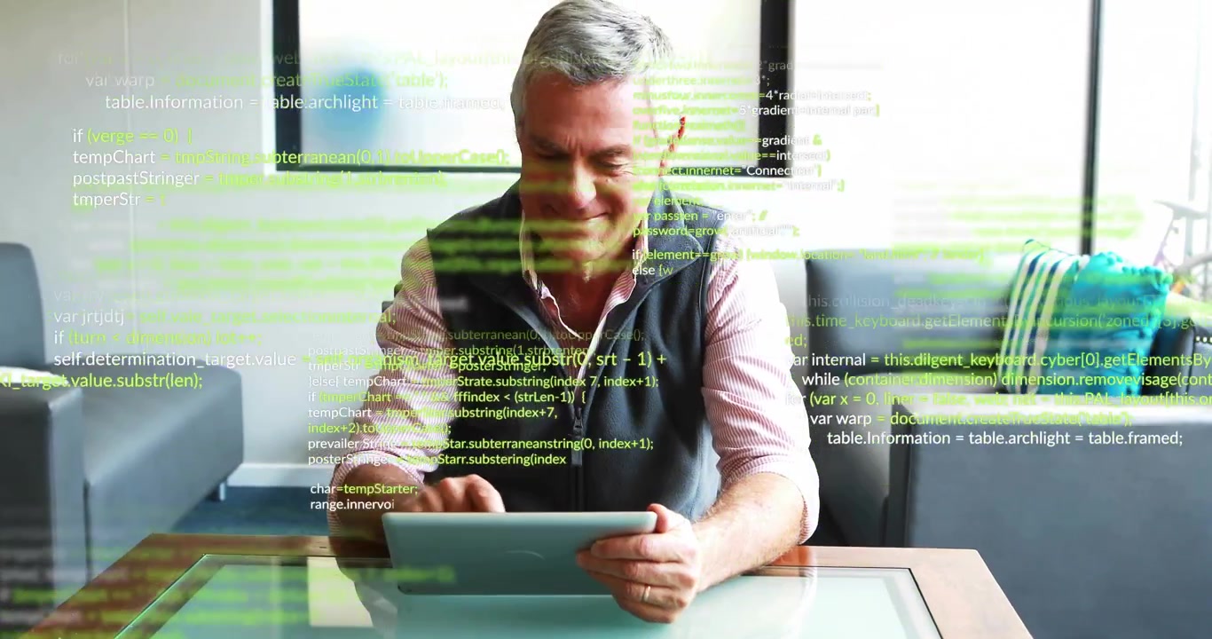 Senior man lifting tablet tapping swiping while green code overlay shifts exploring tech interface