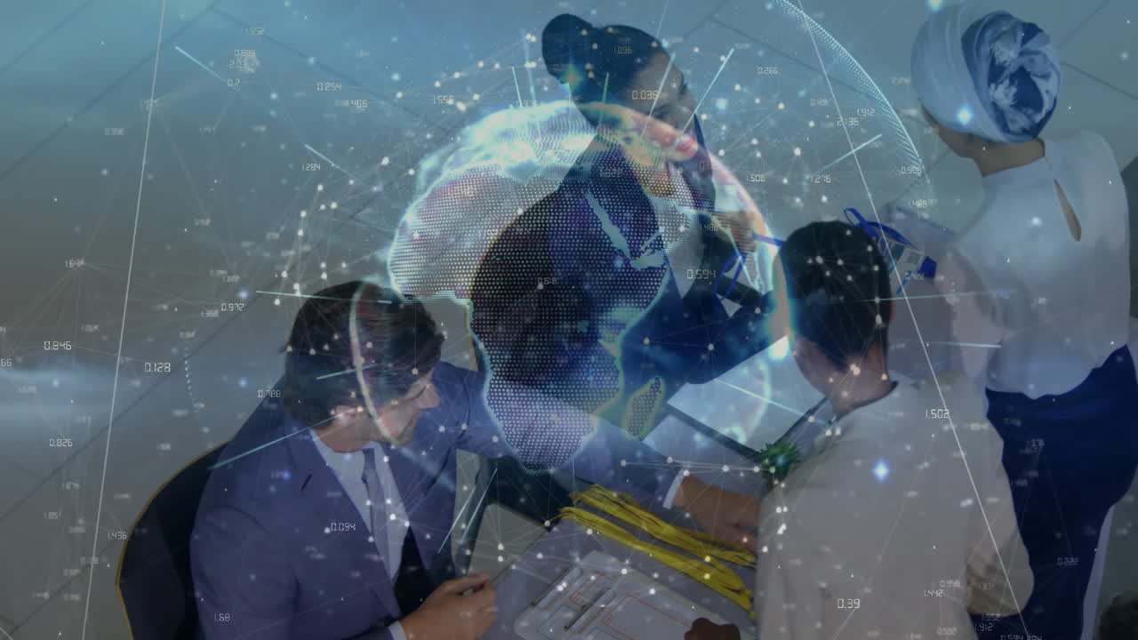Business team collaborating over digital globe and data network animation