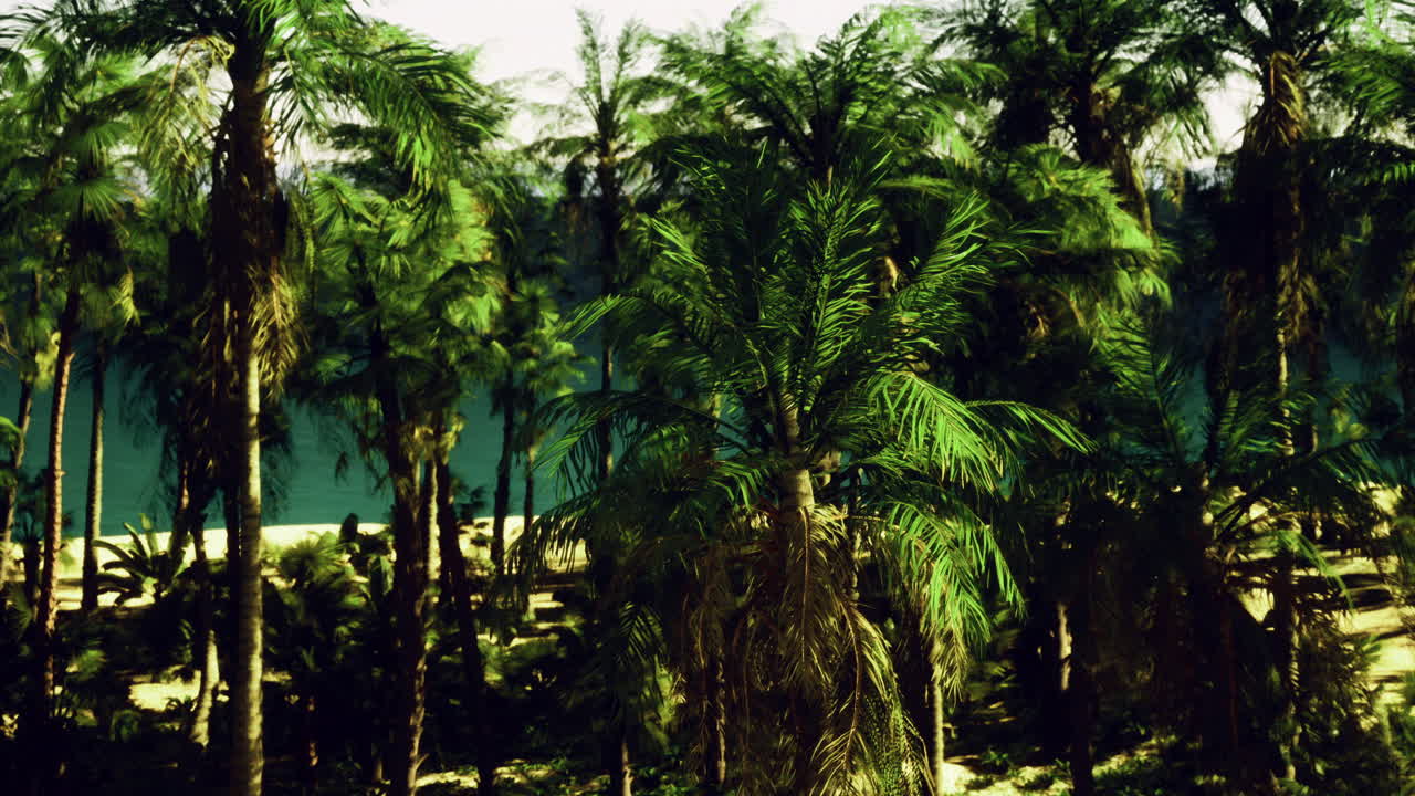 Lush palm trees line the tranquil beach under a clear blue sky