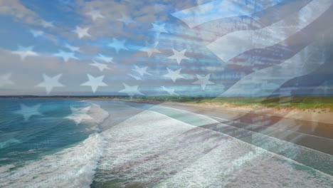 animación de la bandera estadounidense ondeando sobre una playa soleada