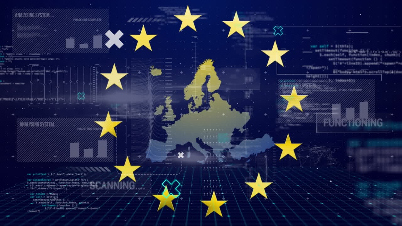 파란색 배경의 데이터 처리 인터페이스에 대한 eu 지도에서 회전하는 별의 애니메이션