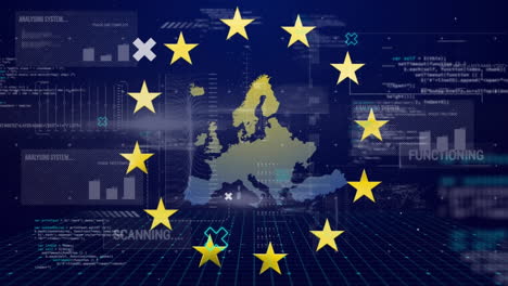 Animación-De-Estrellas-Giratorias-En-El-Mapa-De-La-Ue-Contra-La-Interfaz-Con-Procesamiento-De-Datos-Sobre-Fondo-Azul