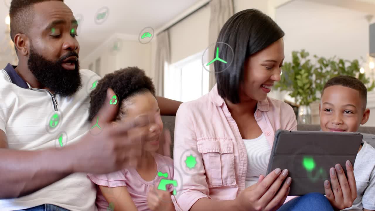 Mother tapping tablet and guiding family on couch, green icons overlaying scene and app content