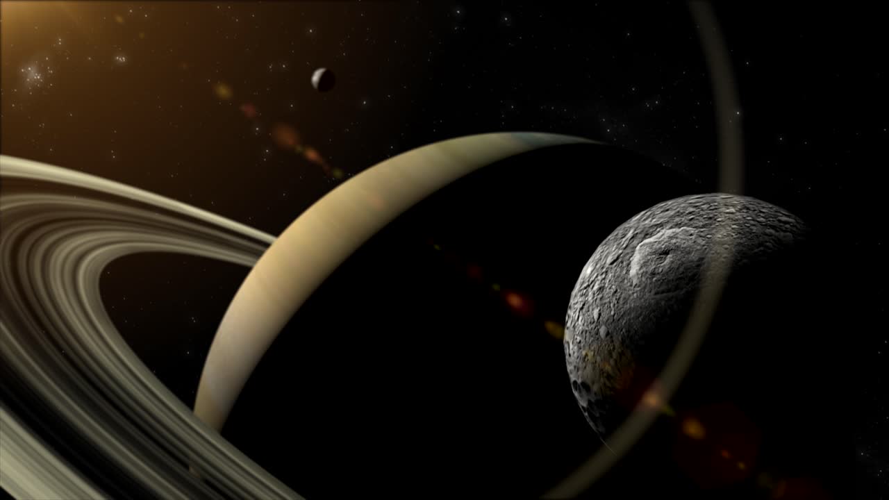 dramática escena espacial 3d cgi orbitando cerca de la luna de saturno, mimas, con el planeta y sus icónicos anillos dominando el fondo