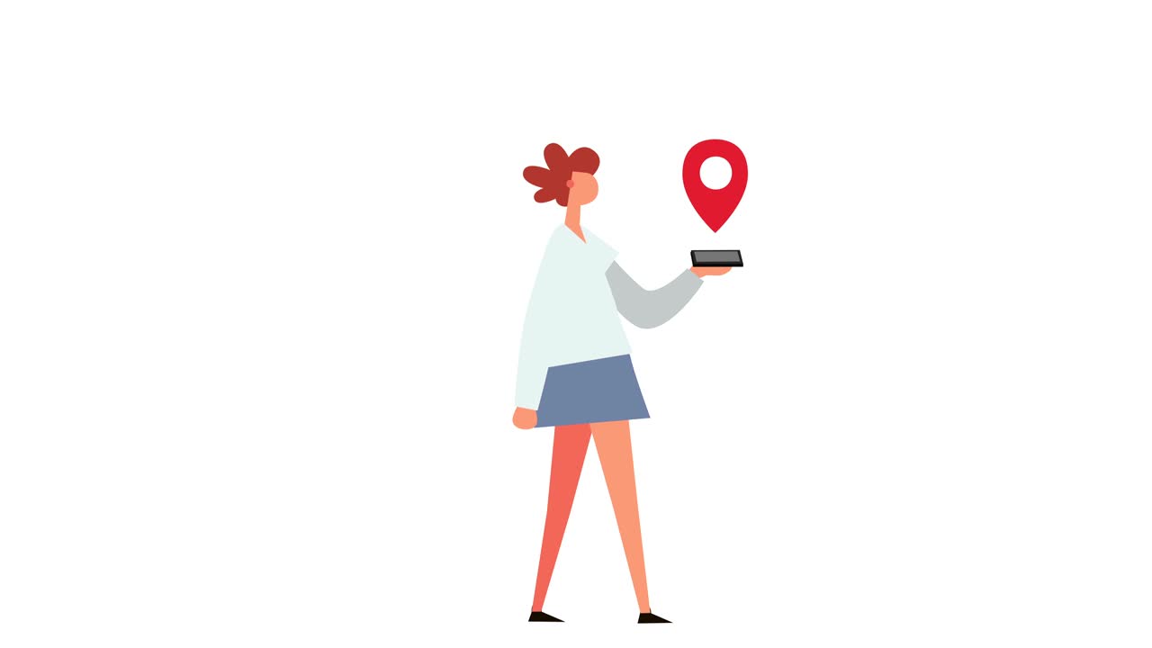 figura de palo de dibujos animados plana color mujer chica personaje caminando con gps navegador animación luma mate