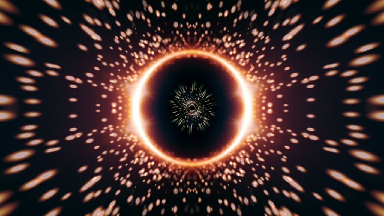 4k 3d animación de fondo de movimiento abstracto anillo de oro y partículas brillantes chispas de rayos de luz rotación en fondo negro bucle sin costura. círculos dorados anillos de partículas abstractas brillo portal telón de fondo.