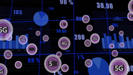 animación de texto 4g y 5g sobre procesamiento de datos en fondo negro