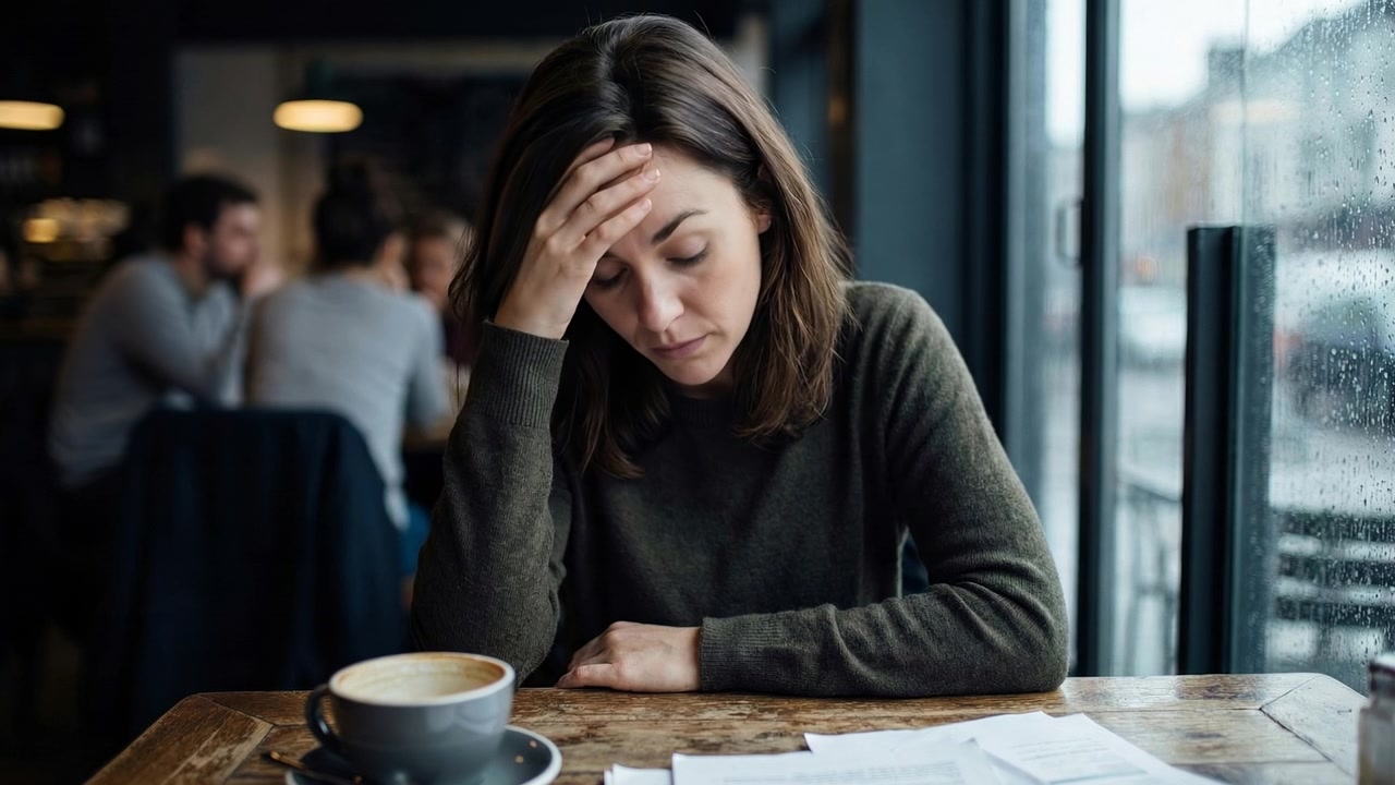 Donna stressata seduta in un caffè mentre si tiene la testa con una mano per la frustrazione.