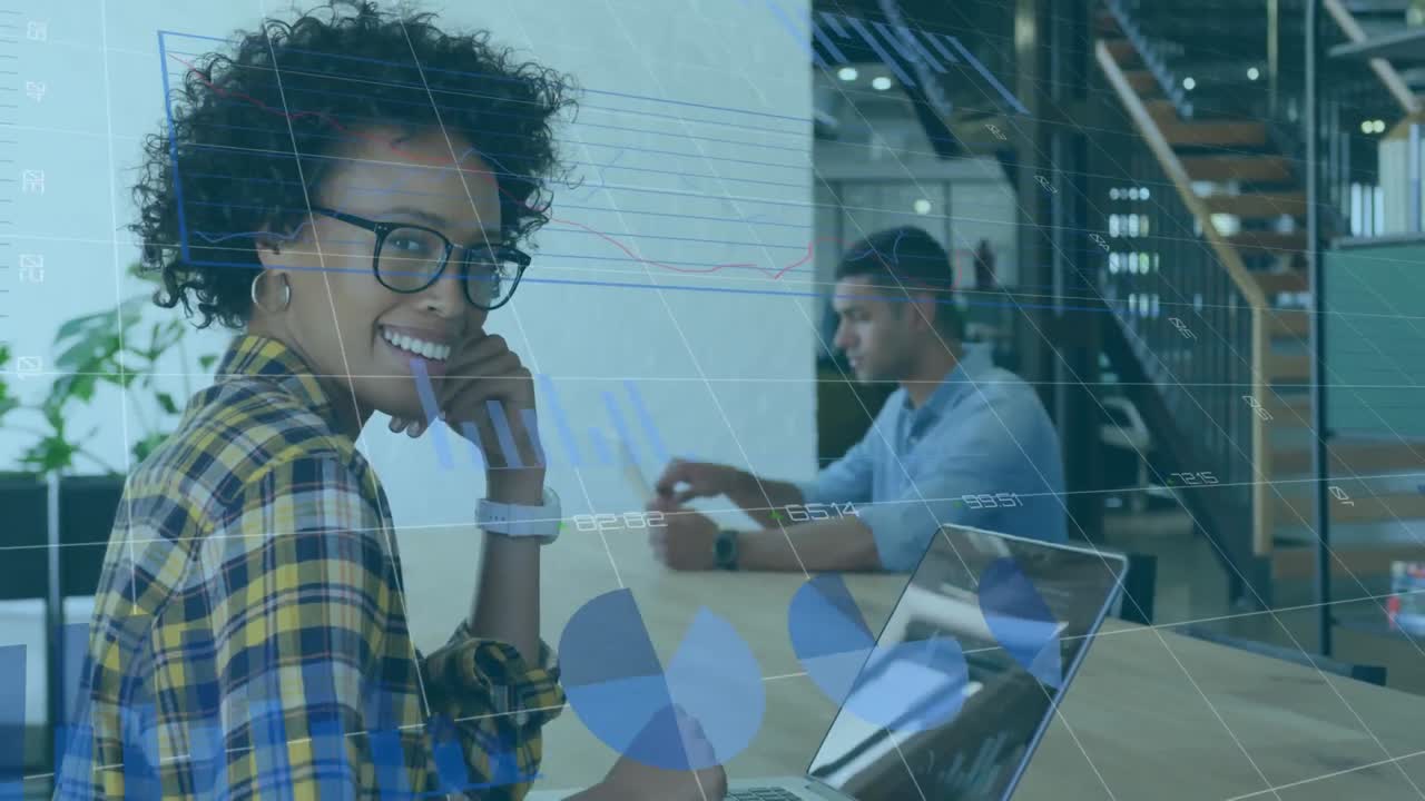 Animation of financial data processing over business people in office