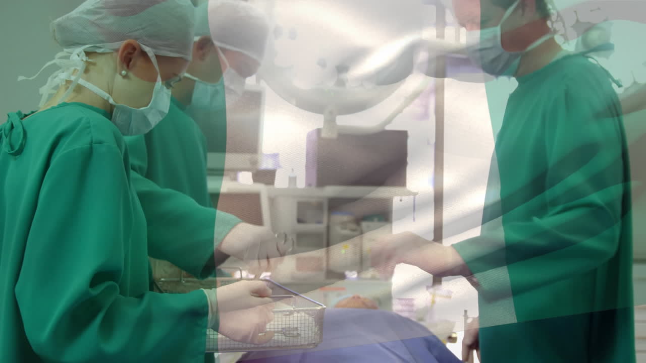 animación de la bandera de nigeria ondeando sobre los cirujanos en el quirófano