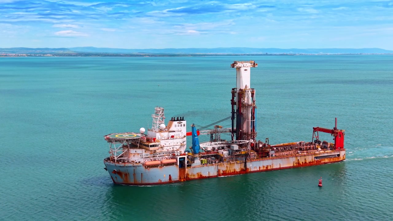 Luftfoto nærbillede af en rusten industriel boreskibsforstavn med helikopterlandingsplads. Ovenfra ses forstavnen på et offshore borerigsskib, der viser helikopterlandingspladsen og det rustne skrog i turkist havvand.