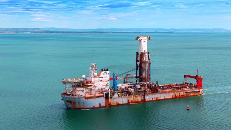 Aerial close up of rusty industrial drillship bow with helipad. High angle view of an offshore drilling vessel bow showing helipad and rusty hull in turquoise sea water.