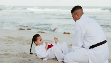 man, karate or child learning in beach martial