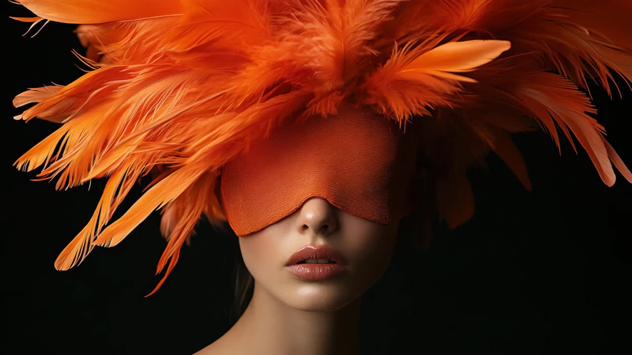 Fashionable Woman with Orange Feather Headpiece and Mask