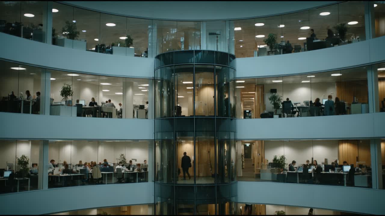 Aerial View of a Modern Office Building Showing Multiple Floors of Employees Working Collaboratively in an Open Space Environment