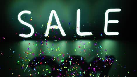 animation of colourful confetti over sale text in white neon on black background