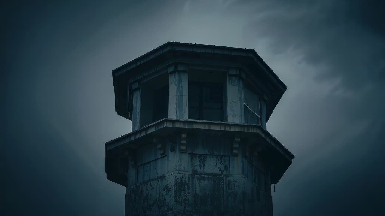 Showing lookout tower standing against storm sky, wind-driven clouds revealing peeling paint