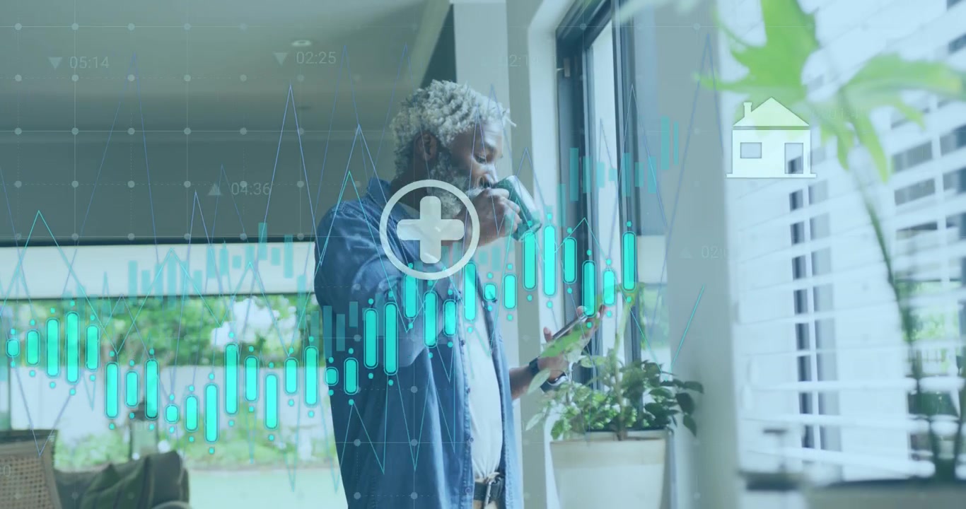 Animation of graphs, icons, senior african american man scrolling on cellphone while drinking coffee