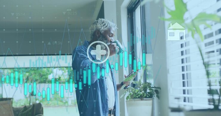 Animation of graphs, icons, senior african american man scrolling on cellphone while drinking coffee