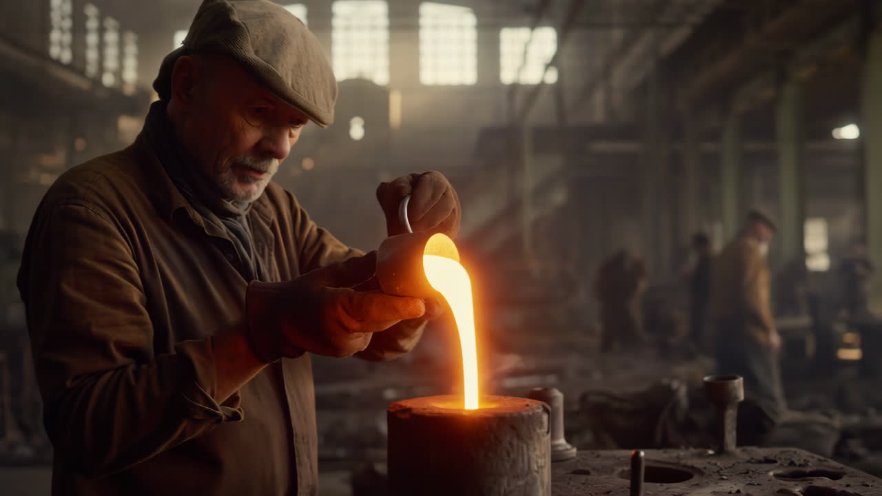 Man Pouring Molten Metal in a Foundry