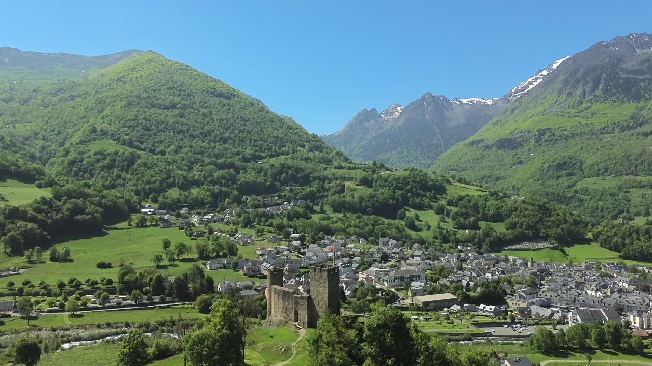 Aerial view of Luz Saint Sauveur with Chateau Sainte Marie in the foreground.