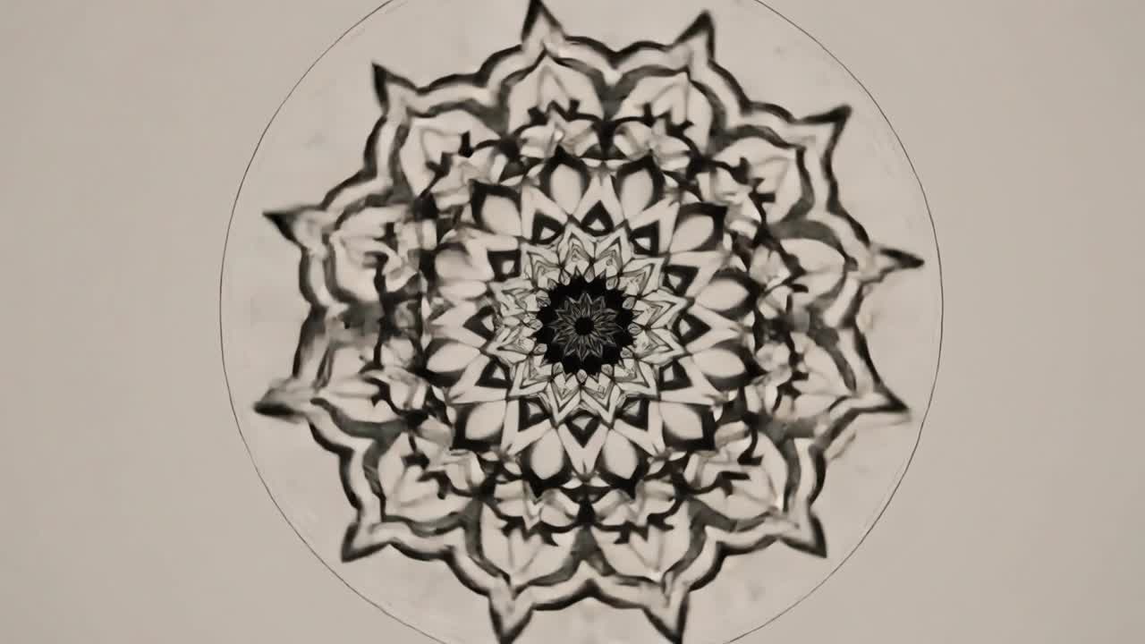 Un mandala d'inchiostro rotante reagisce a un cerchio di matita che appare, zoomando verso l'interno su carta beige che si trasforma in un tunnel.