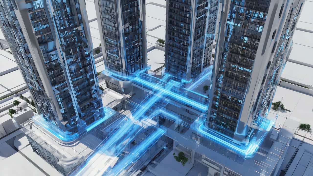 Smart City Network with Digital Data Flow Between Skyscrapers