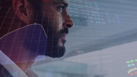 animation of trading board and graph over thoughtful biracial businessman
