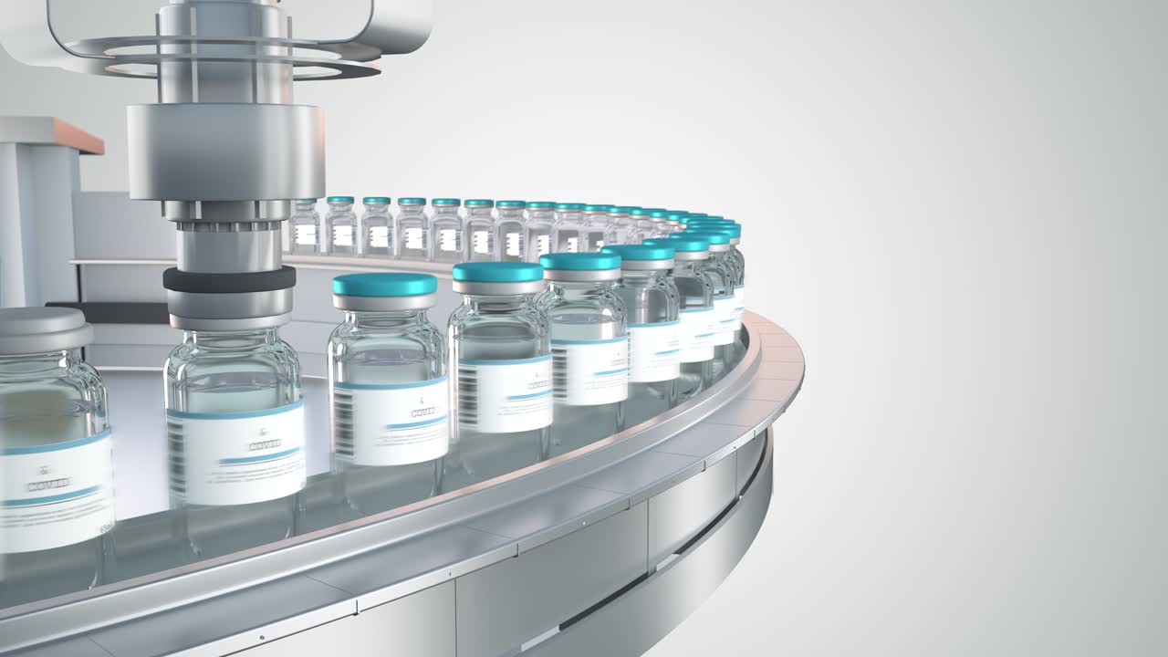 producción en masa de la vacuna contra el coronavirus covid-19. fabricación de las vacunas en transportador con viales de covid-19 en el laboratorio farmacéutico. medicamento para inmunización y vacunación, animación de bucle