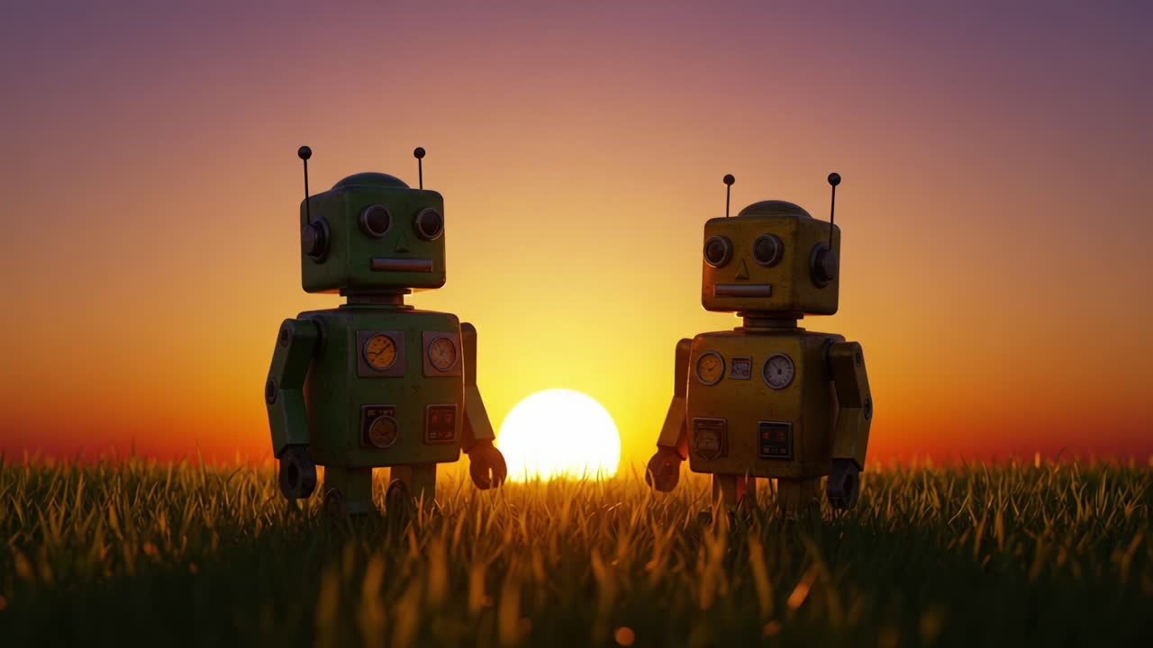 Un sereno incontro al tramonto: due robot colorati si ergono in un campo lussureggiante, immortalando un momento di connessione con un cielo vivido mentre il sole tramonta all'orizzonte